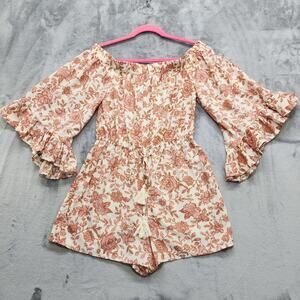 Hint of Blush Romper Womens L Cream Red Floral Off Shoulder Ruffled Bell Sleeves
